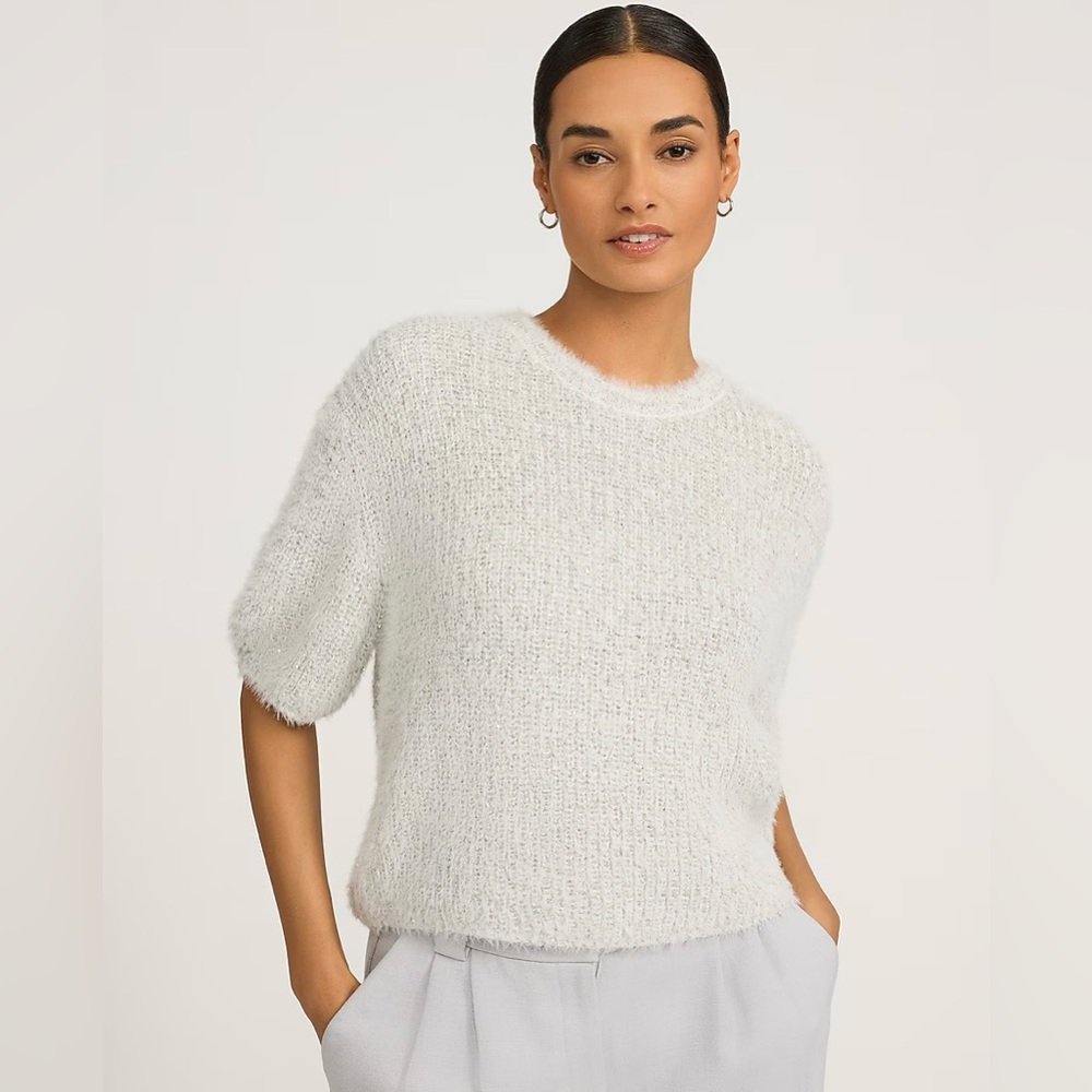 Fuzzy Sequin Crew Neck Short Sleeve Relaxed Sweater